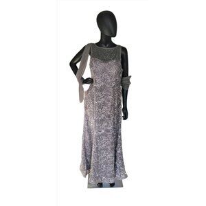 Pewter Applique Gown W/Shawl